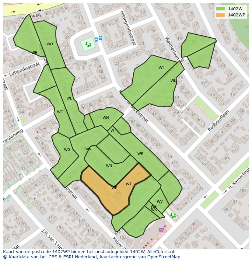 Afbeelding van het postcodegebied 1402 WP op de kaart.