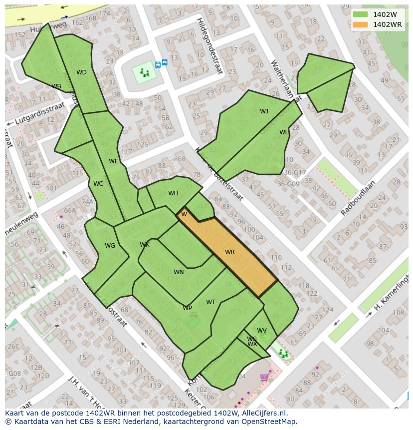 Afbeelding van het postcodegebied 1402 WR op de kaart.