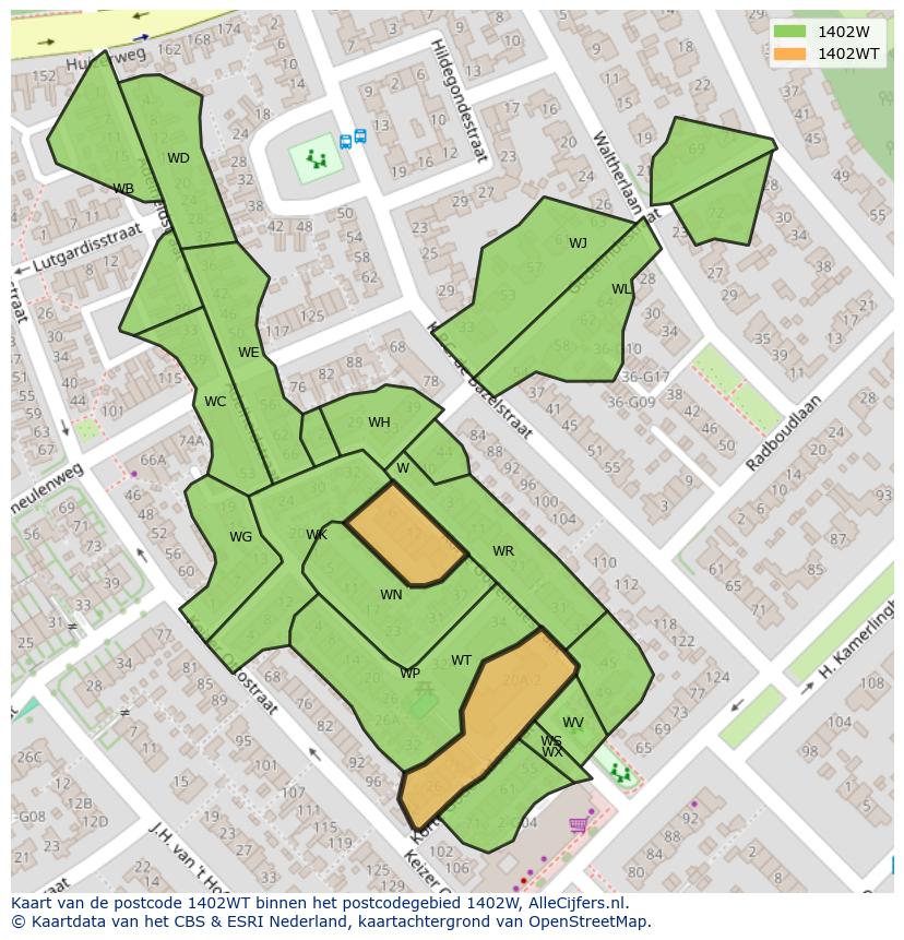 Afbeelding van het postcodegebied 1402 WT op de kaart.