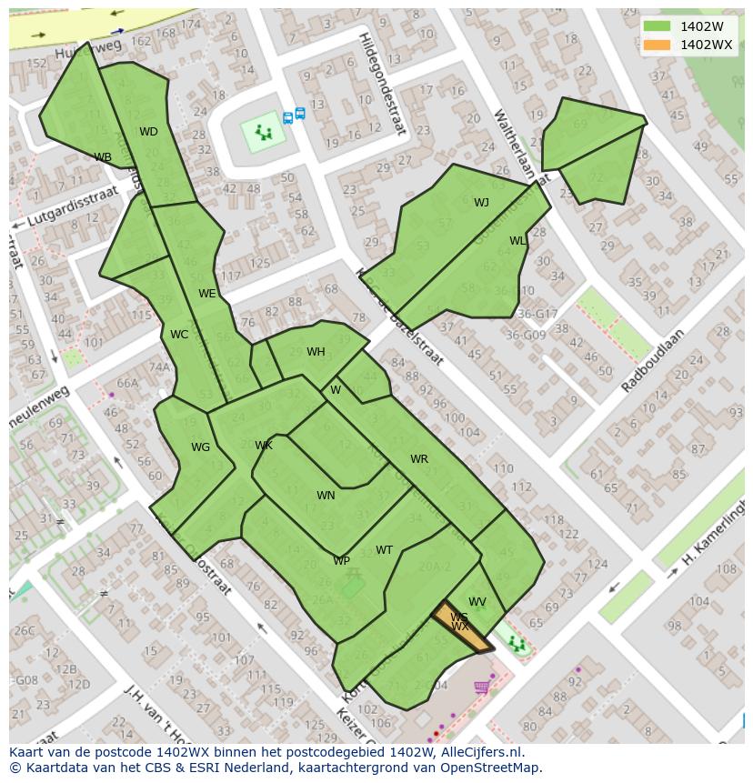 Afbeelding van het postcodegebied 1402 WX op de kaart.