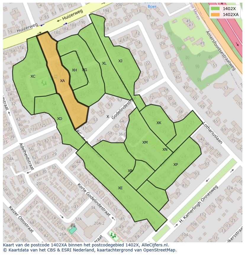 Afbeelding van het postcodegebied 1402 XA op de kaart.