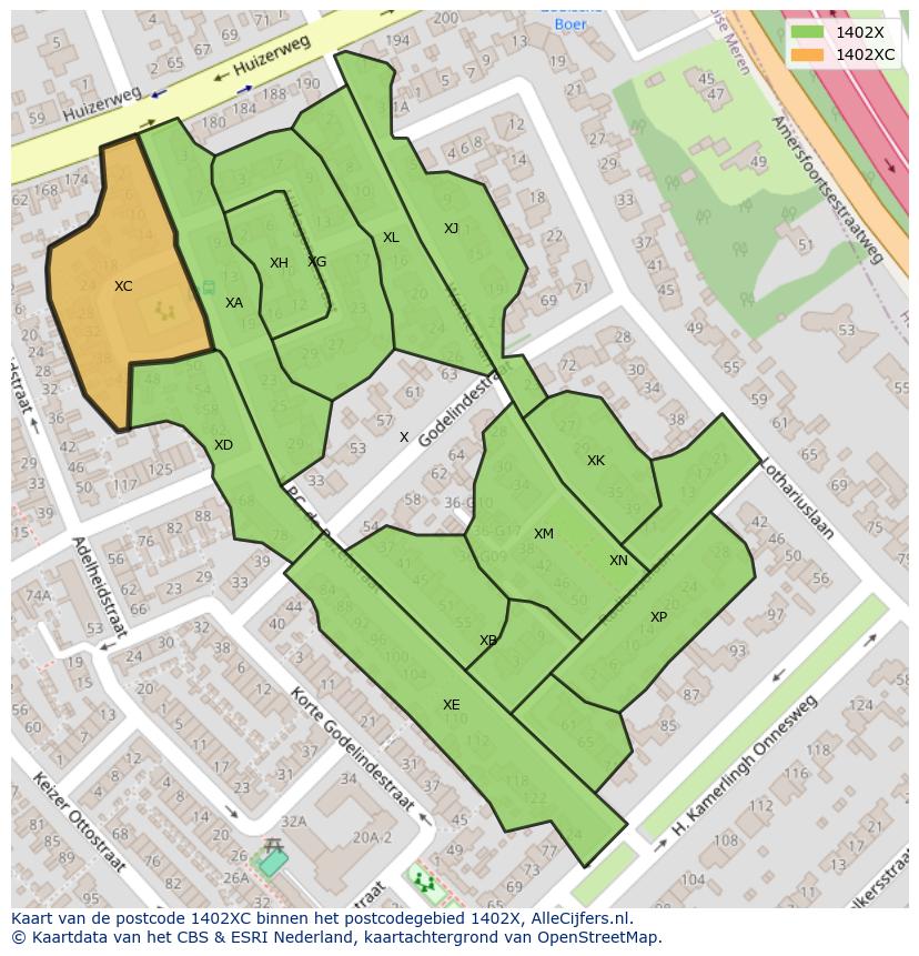 Afbeelding van het postcodegebied 1402 XC op de kaart.