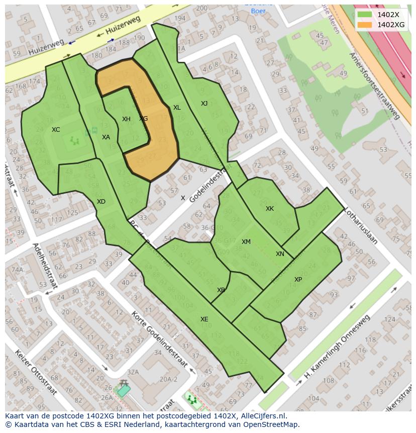Afbeelding van het postcodegebied 1402 XG op de kaart.