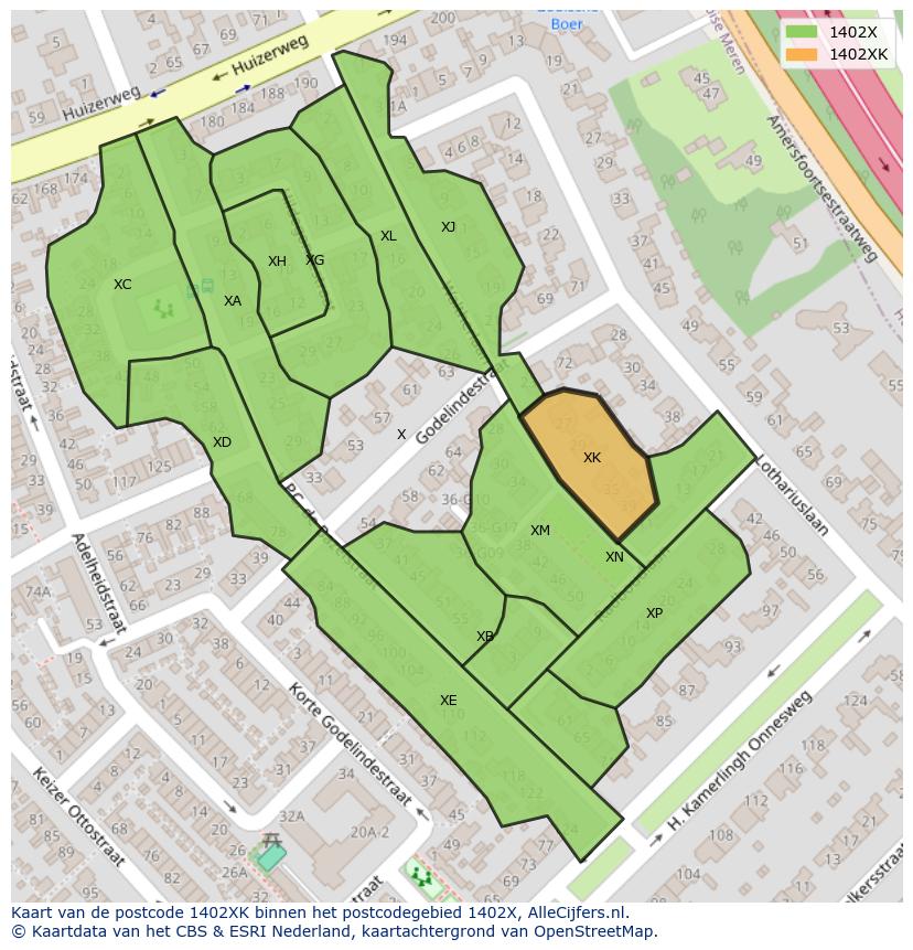 Afbeelding van het postcodegebied 1402 XK op de kaart.