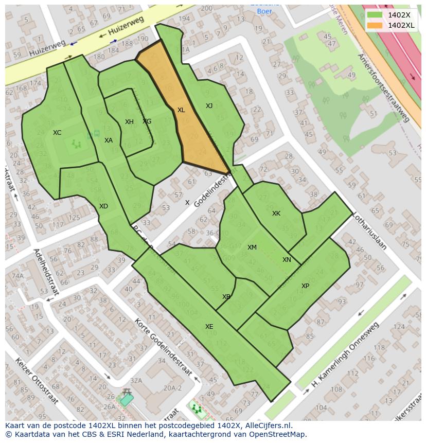 Afbeelding van het postcodegebied 1402 XL op de kaart.