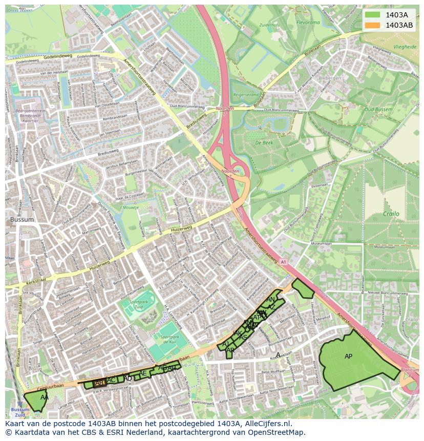Afbeelding van het postcodegebied 1403 AB op de kaart.