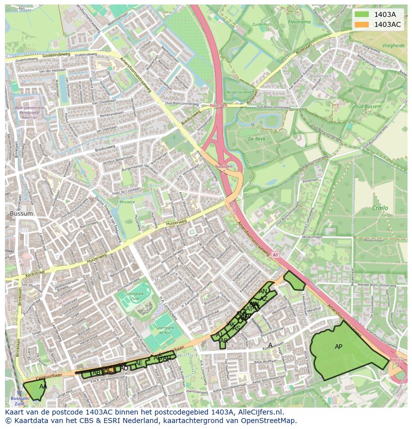 Afbeelding van het postcodegebied 1403 AC op de kaart.