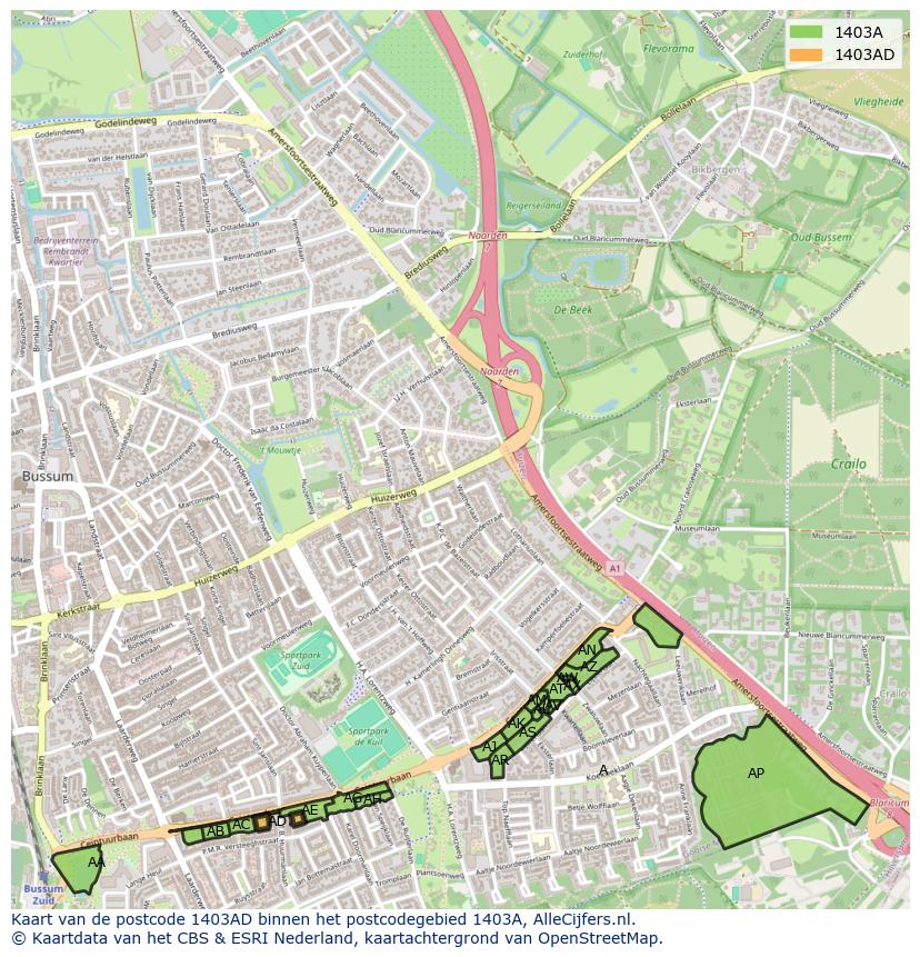 Afbeelding van het postcodegebied 1403 AD op de kaart.