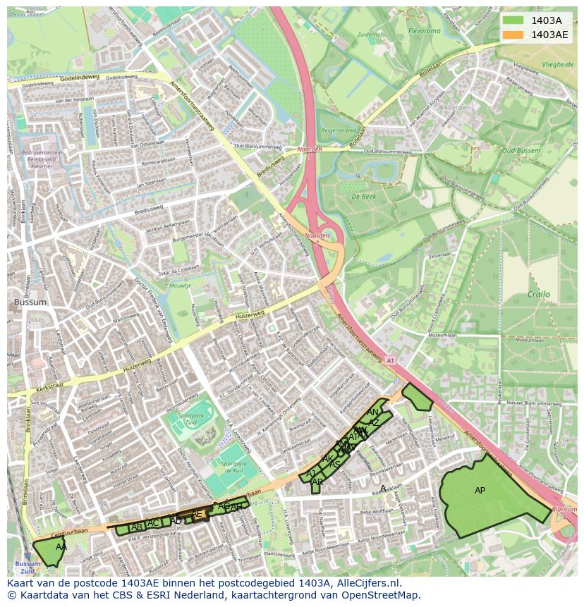 Afbeelding van het postcodegebied 1403 AE op de kaart.