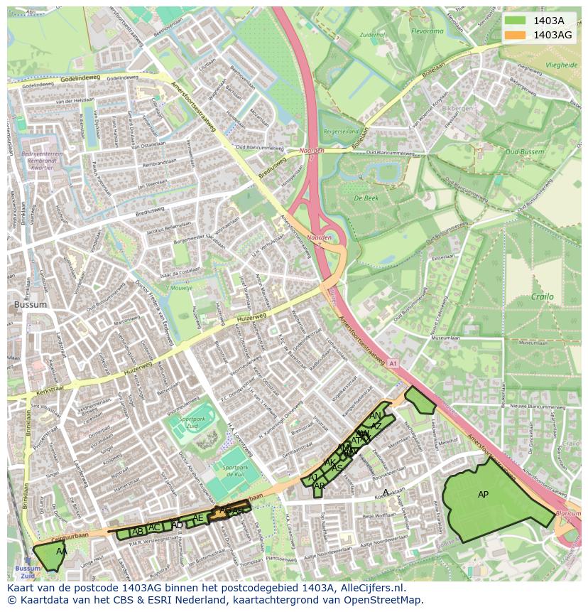 Afbeelding van het postcodegebied 1403 AG op de kaart.