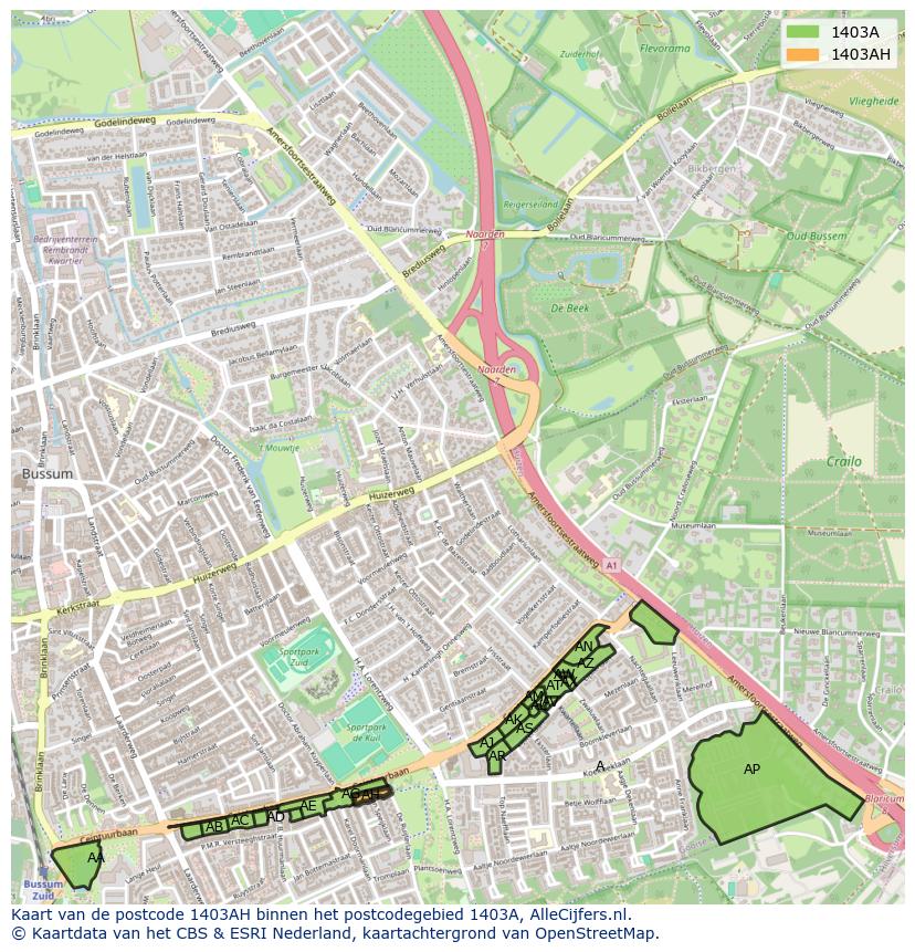 Afbeelding van het postcodegebied 1403 AH op de kaart.