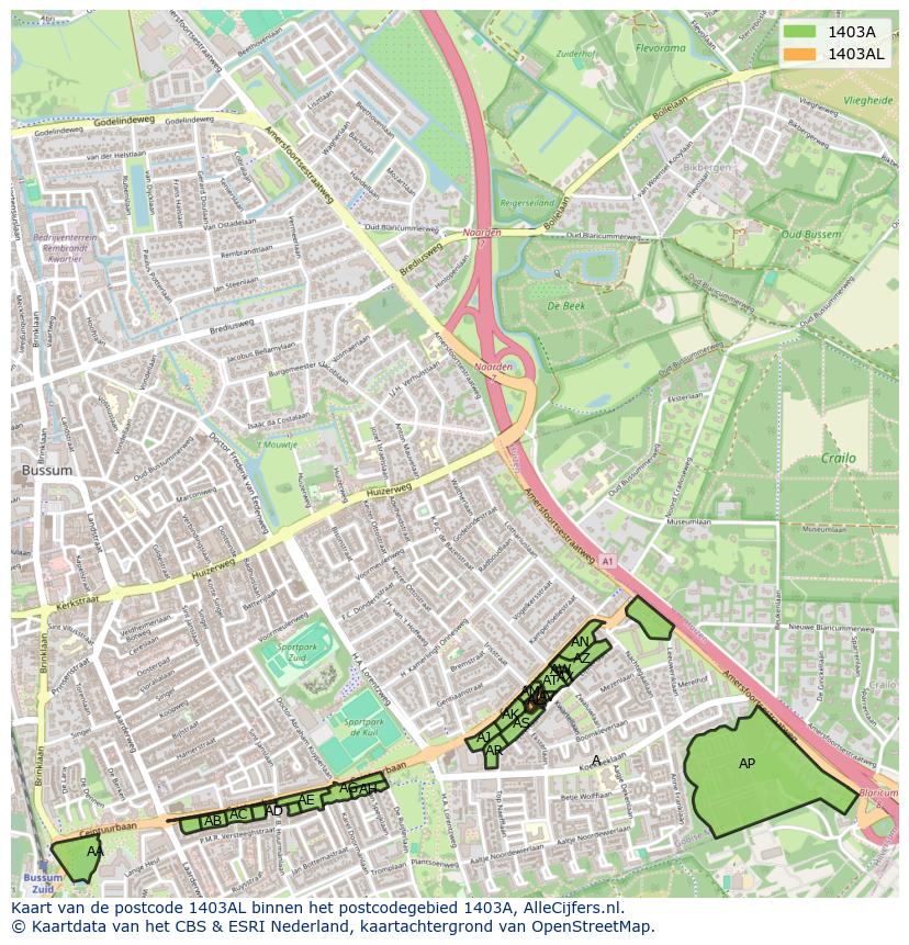 Afbeelding van het postcodegebied 1403 AL op de kaart.