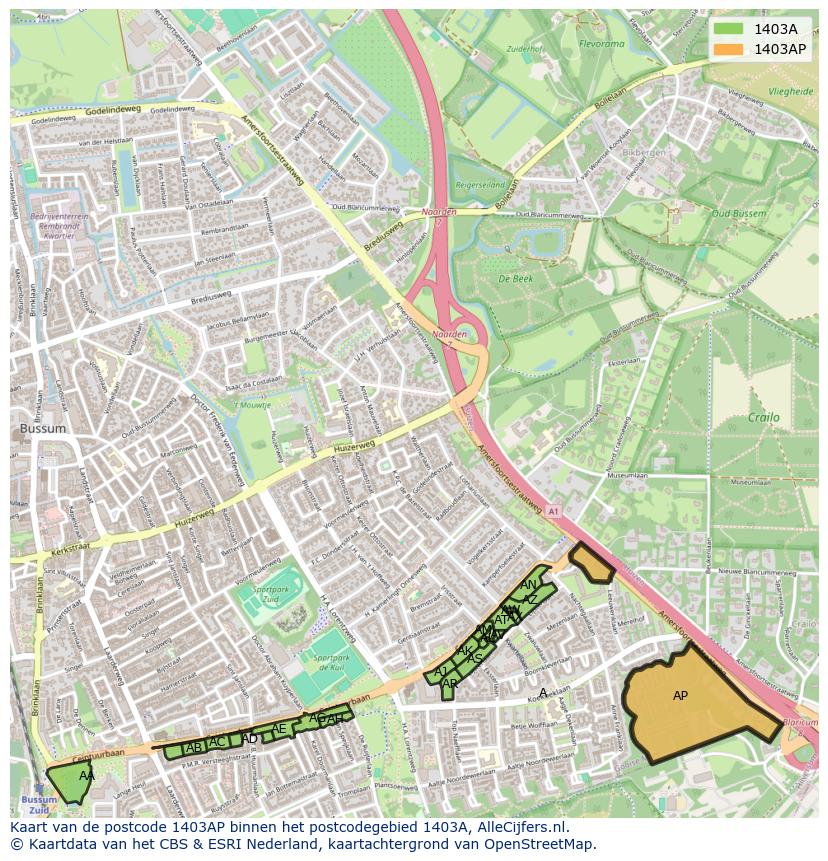 Afbeelding van het postcodegebied 1403 AP op de kaart.