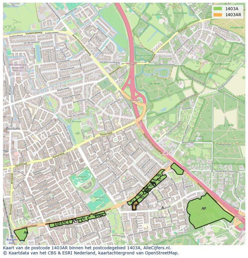 Afbeelding van het postcodegebied 1403 AR op de kaart.
