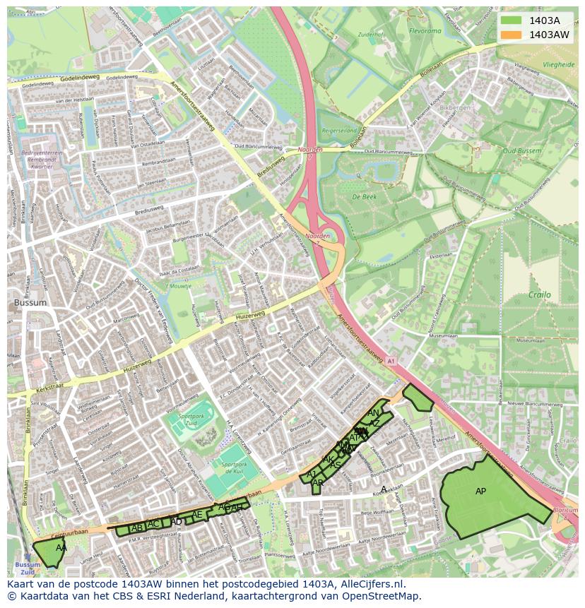 Afbeelding van het postcodegebied 1403 AW op de kaart.