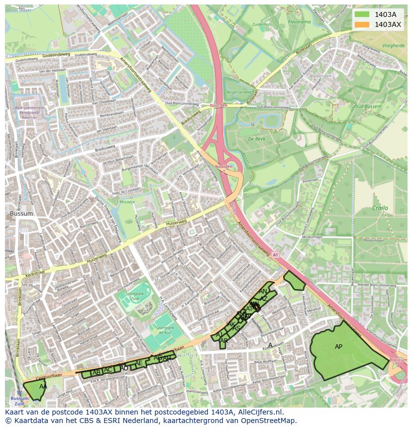 Afbeelding van het postcodegebied 1403 AX op de kaart.