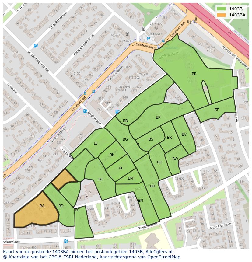 Afbeelding van het postcodegebied 1403 BA op de kaart.