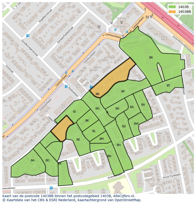 Afbeelding van het postcodegebied 1403 BB op de kaart.