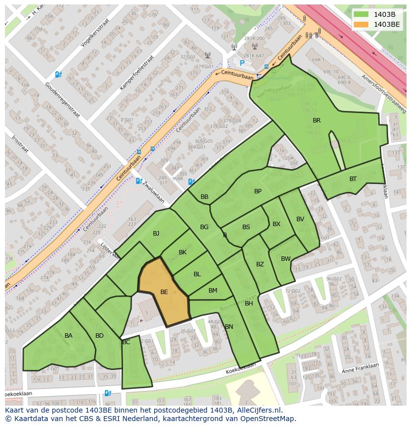 Afbeelding van het postcodegebied 1403 BE op de kaart.