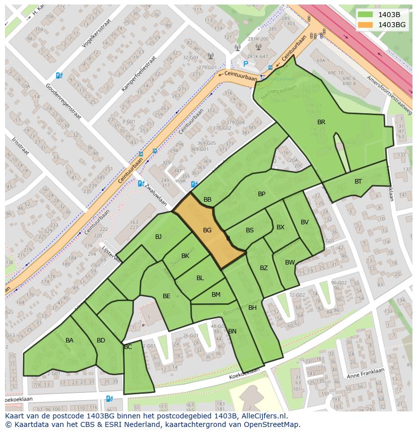 Afbeelding van het postcodegebied 1403 BG op de kaart.