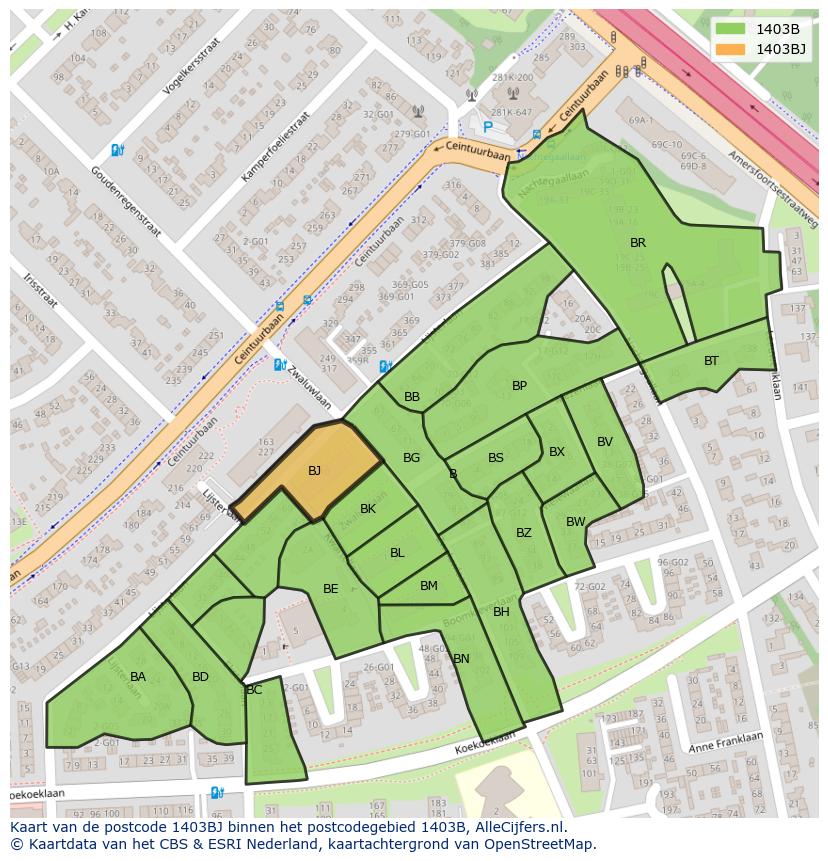 Afbeelding van het postcodegebied 1403 BJ op de kaart.