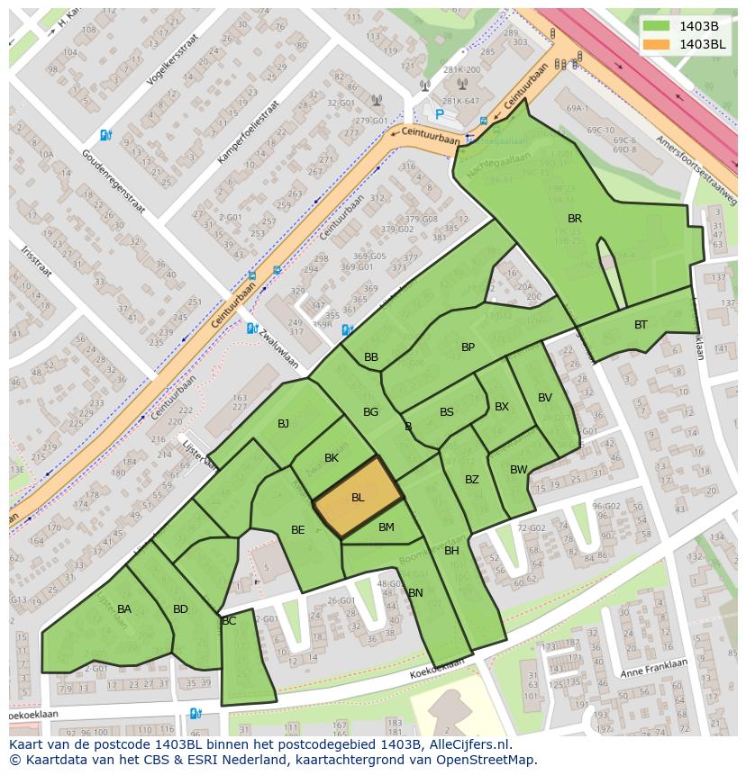 Afbeelding van het postcodegebied 1403 BL op de kaart.