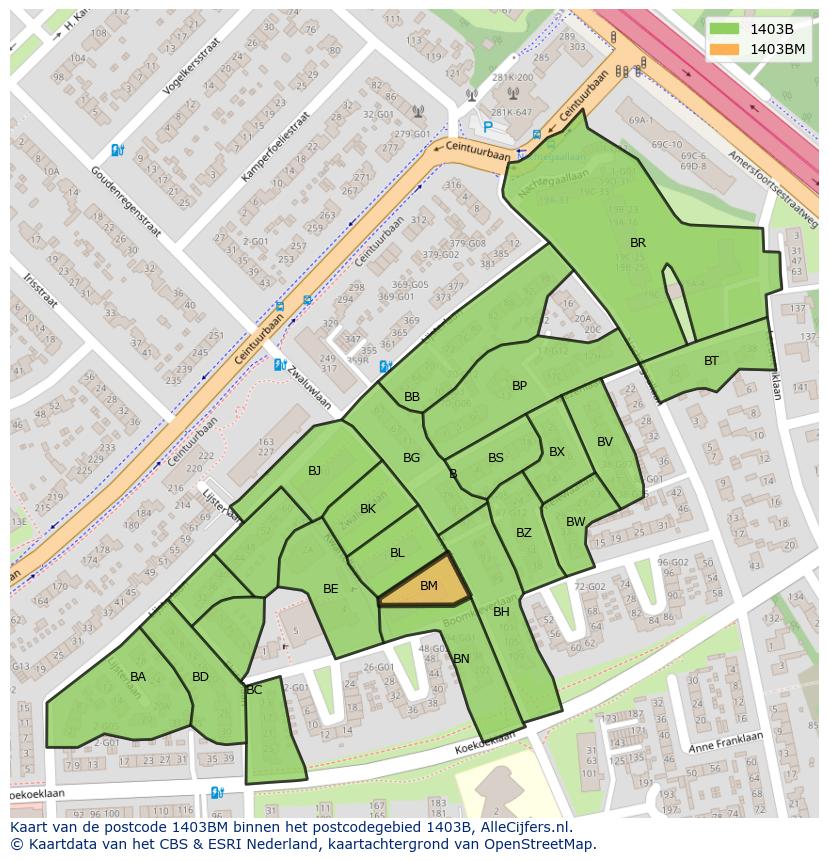 Afbeelding van het postcodegebied 1403 BM op de kaart.