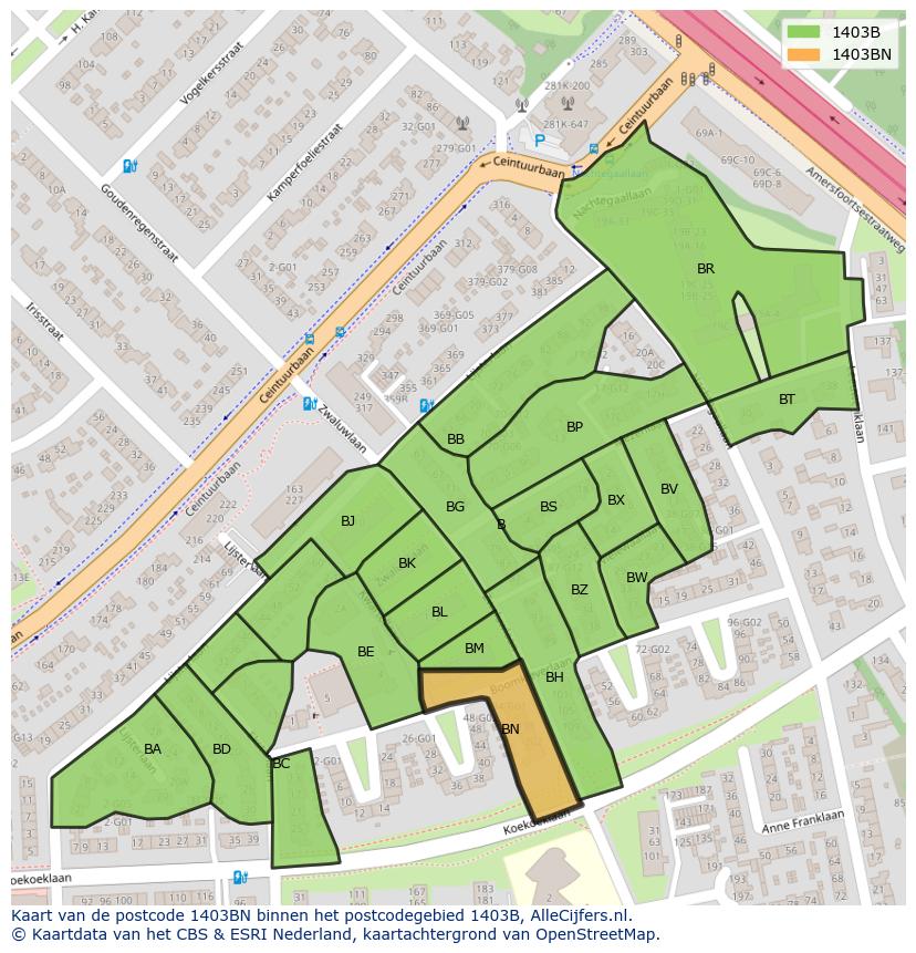 Afbeelding van het postcodegebied 1403 BN op de kaart.