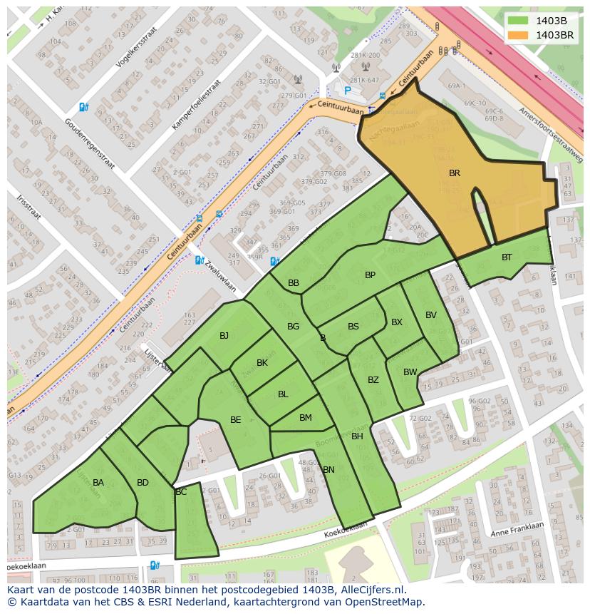 Afbeelding van het postcodegebied 1403 BR op de kaart.
