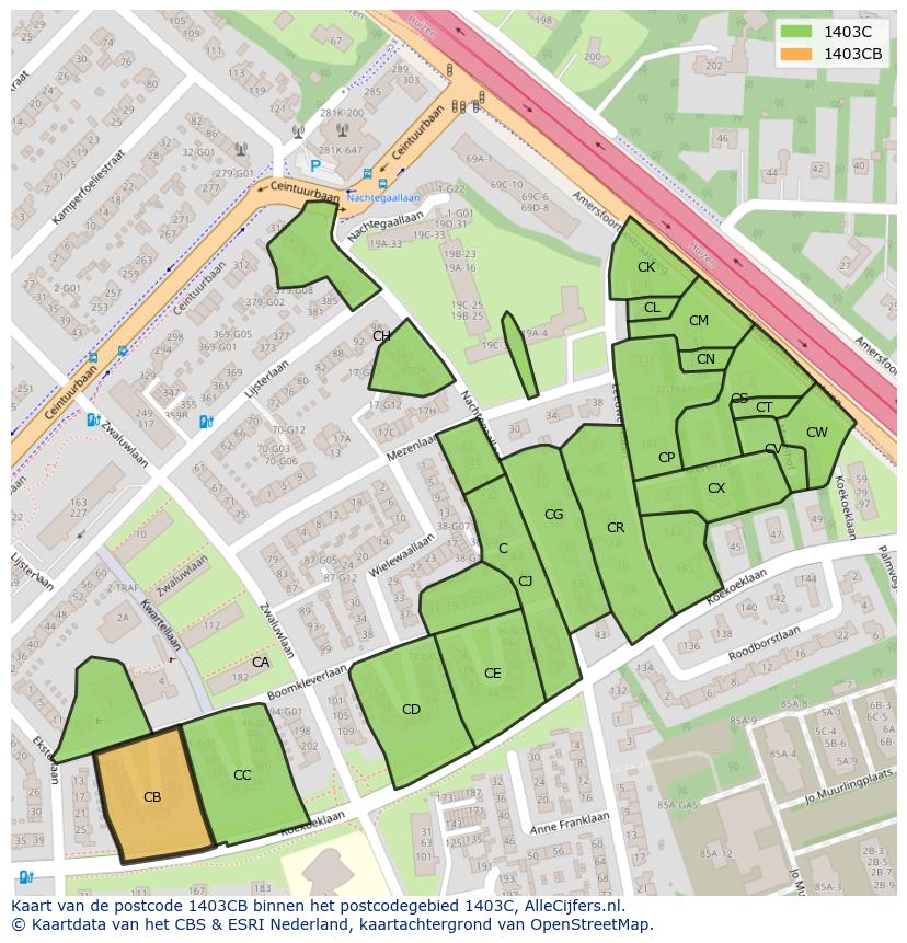 Afbeelding van het postcodegebied 1403 CB op de kaart.