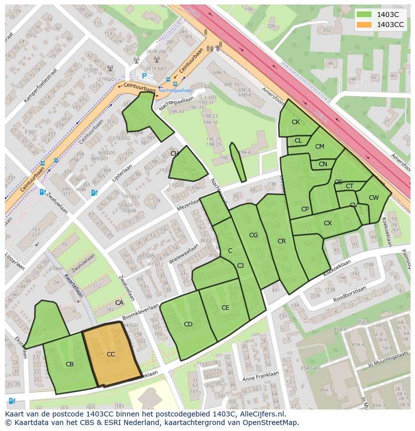 Afbeelding van het postcodegebied 1403 CC op de kaart.