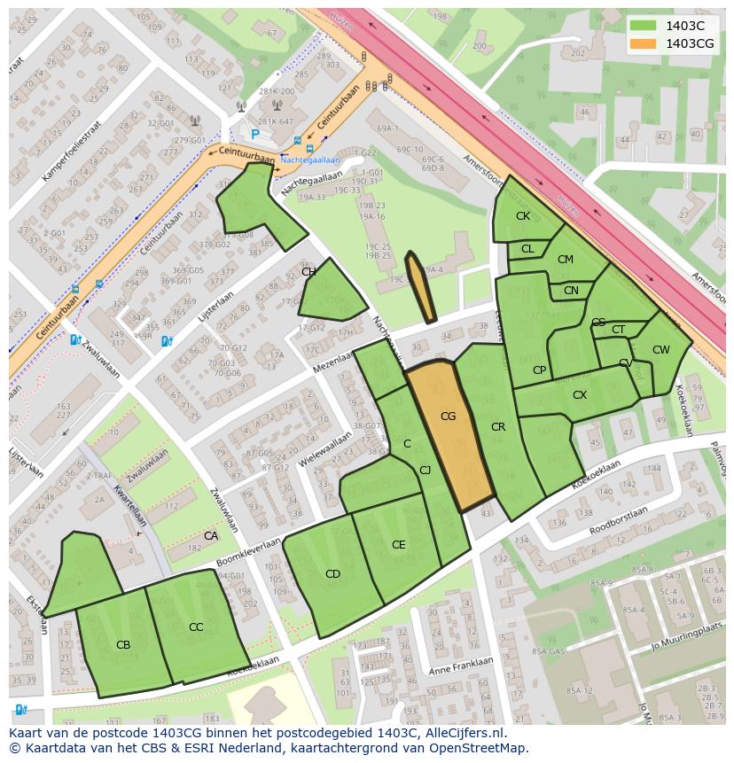 Afbeelding van het postcodegebied 1403 CG op de kaart.