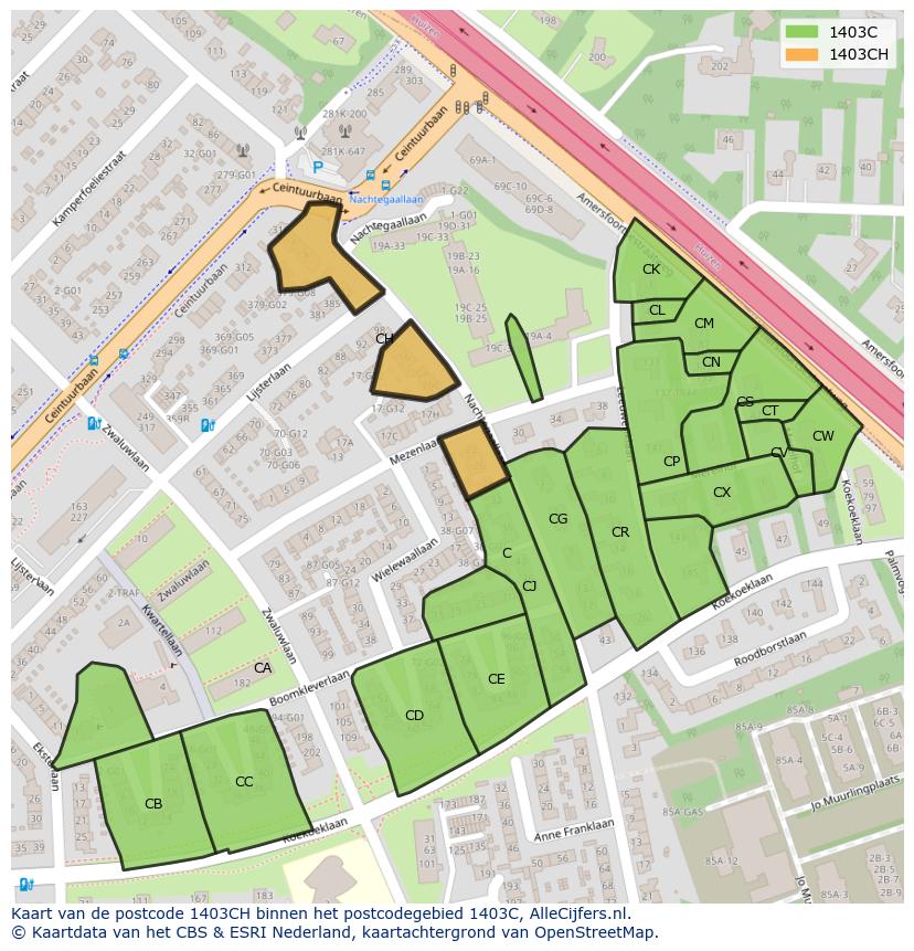 Afbeelding van het postcodegebied 1403 CH op de kaart.