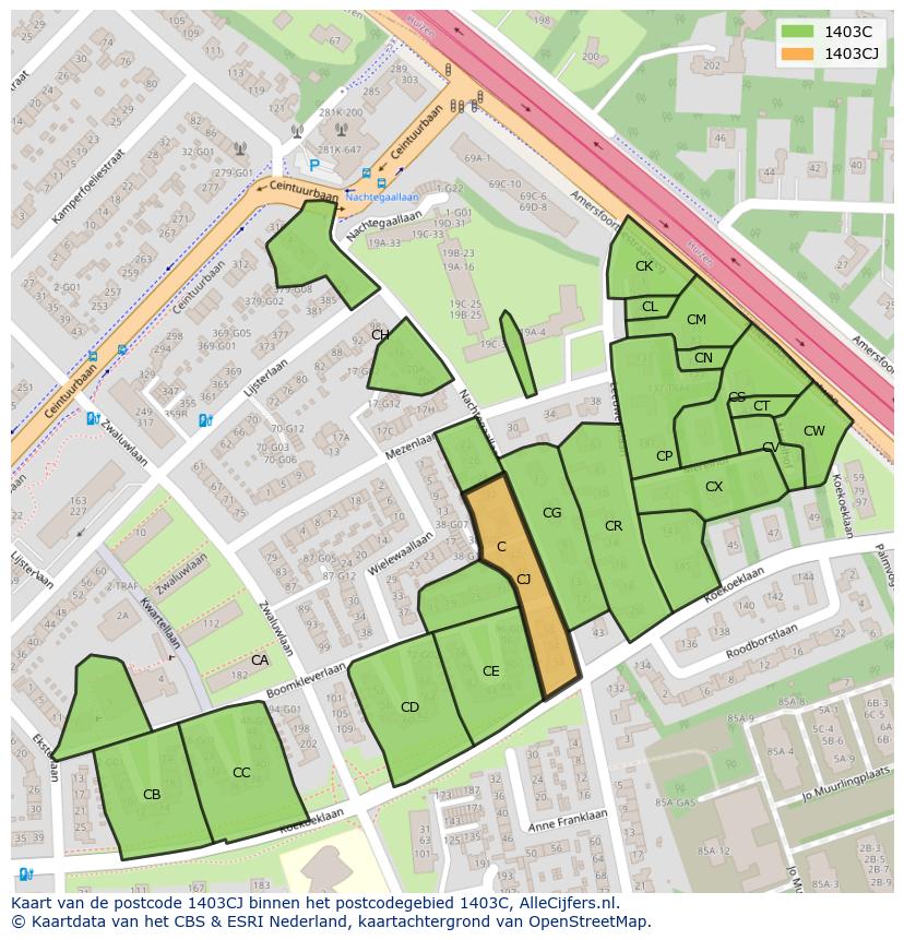 Afbeelding van het postcodegebied 1403 CJ op de kaart.