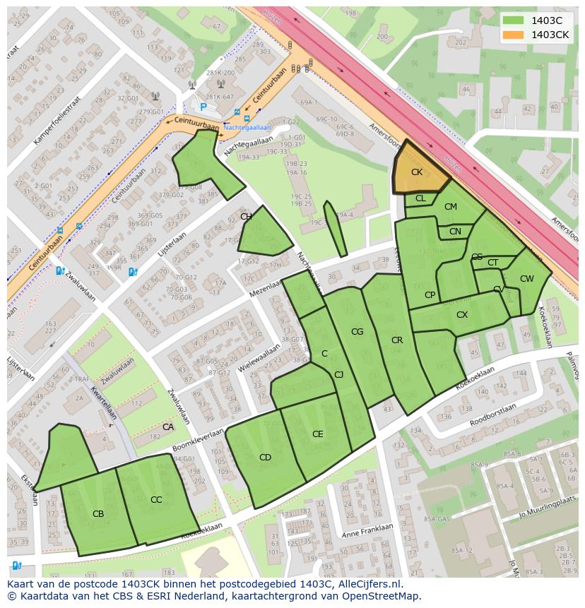 Afbeelding van het postcodegebied 1403 CK op de kaart.