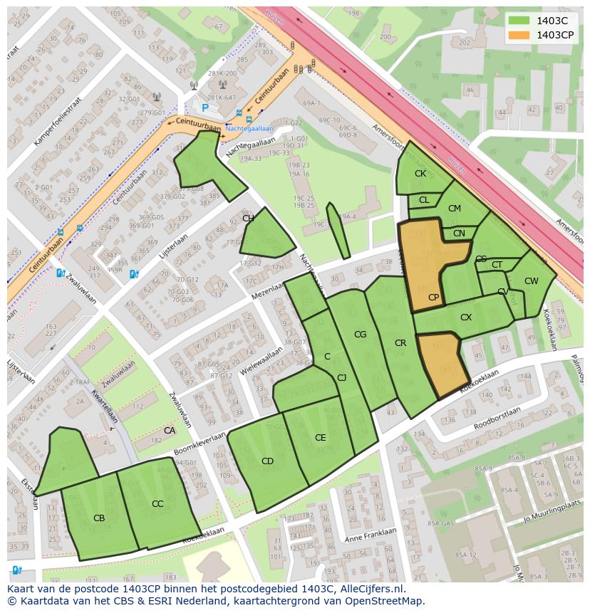 Afbeelding van het postcodegebied 1403 CP op de kaart.