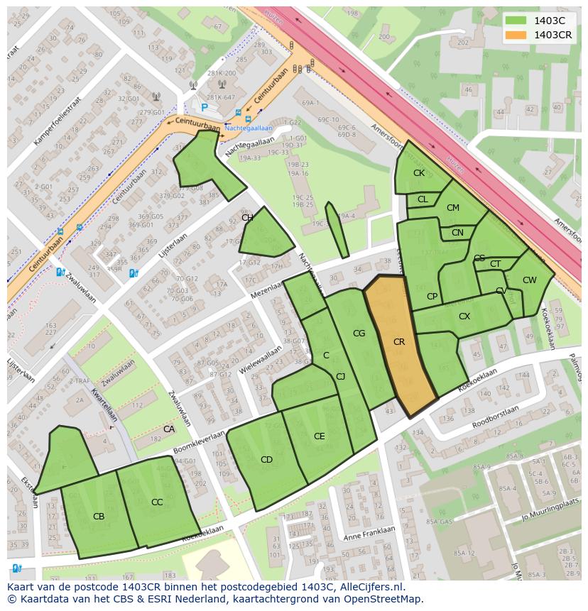 Afbeelding van het postcodegebied 1403 CR op de kaart.