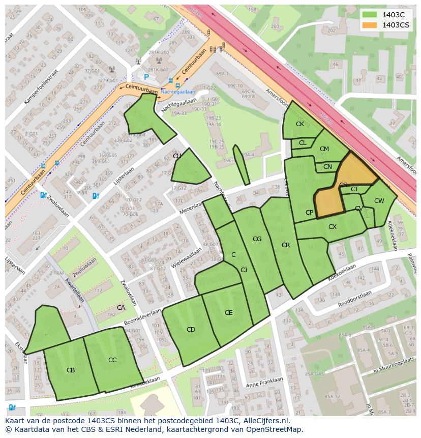 Afbeelding van het postcodegebied 1403 CS op de kaart.