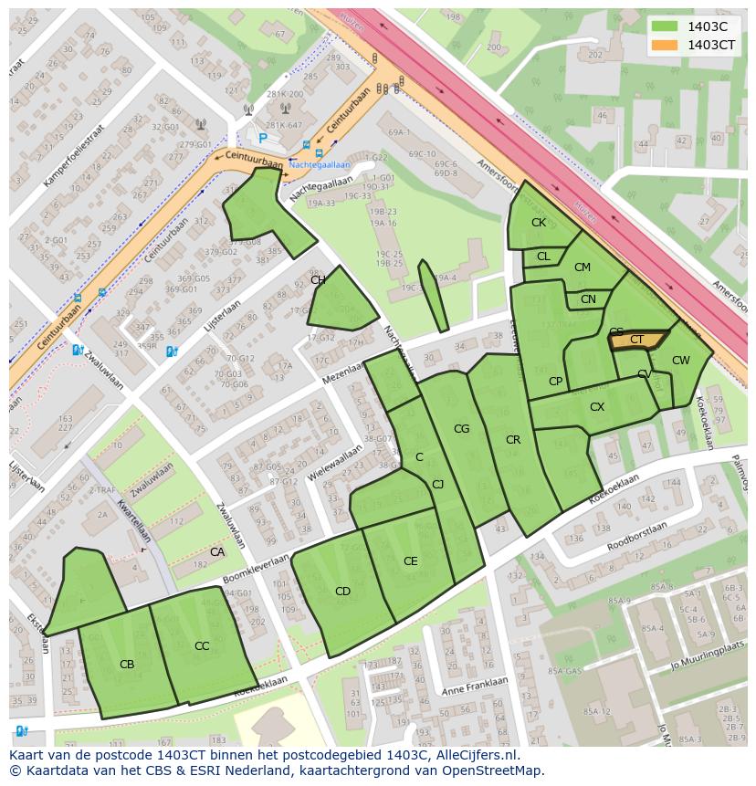 Afbeelding van het postcodegebied 1403 CT op de kaart.