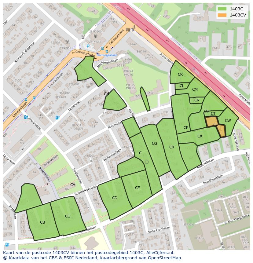 Afbeelding van het postcodegebied 1403 CV op de kaart.