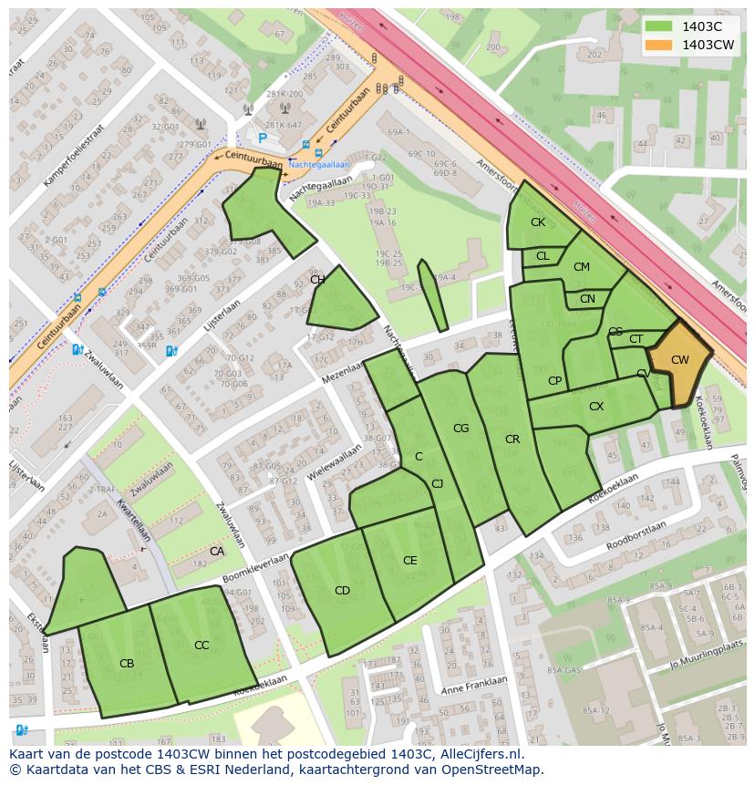 Afbeelding van het postcodegebied 1403 CW op de kaart.