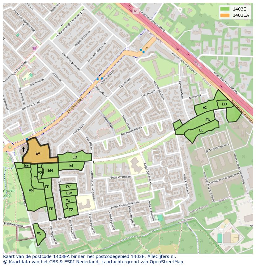 Afbeelding van het postcodegebied 1403 EA op de kaart.