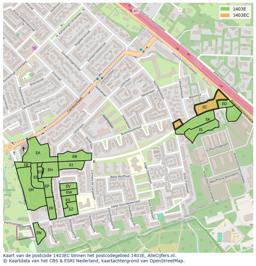 Afbeelding van het postcodegebied 1403 EC op de kaart.