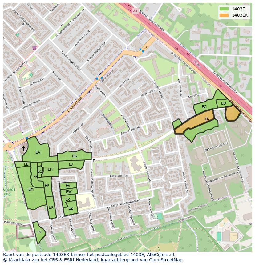 Afbeelding van het postcodegebied 1403 EK op de kaart.