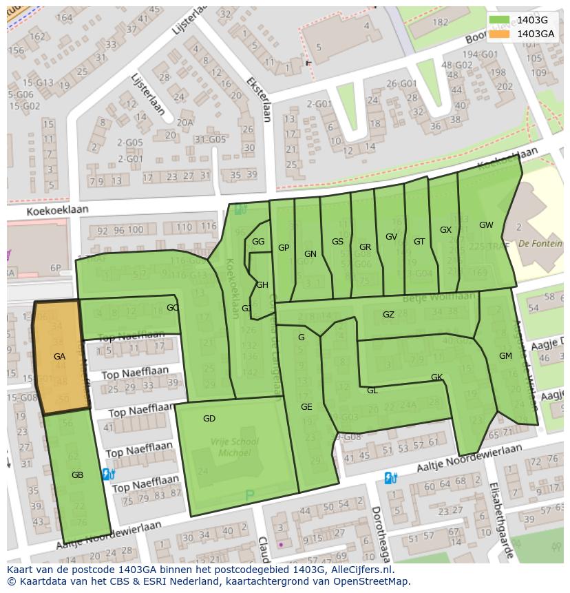 Afbeelding van het postcodegebied 1403 GA op de kaart.
