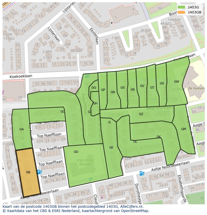 Afbeelding van het postcodegebied 1403 GB op de kaart.