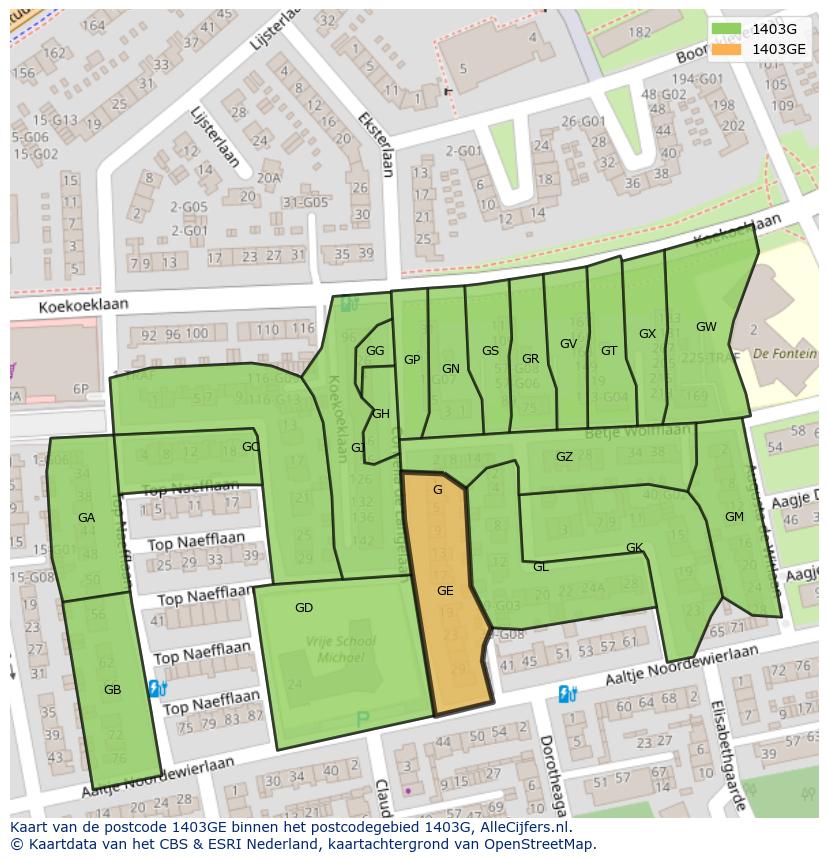 Afbeelding van het postcodegebied 1403 GE op de kaart.