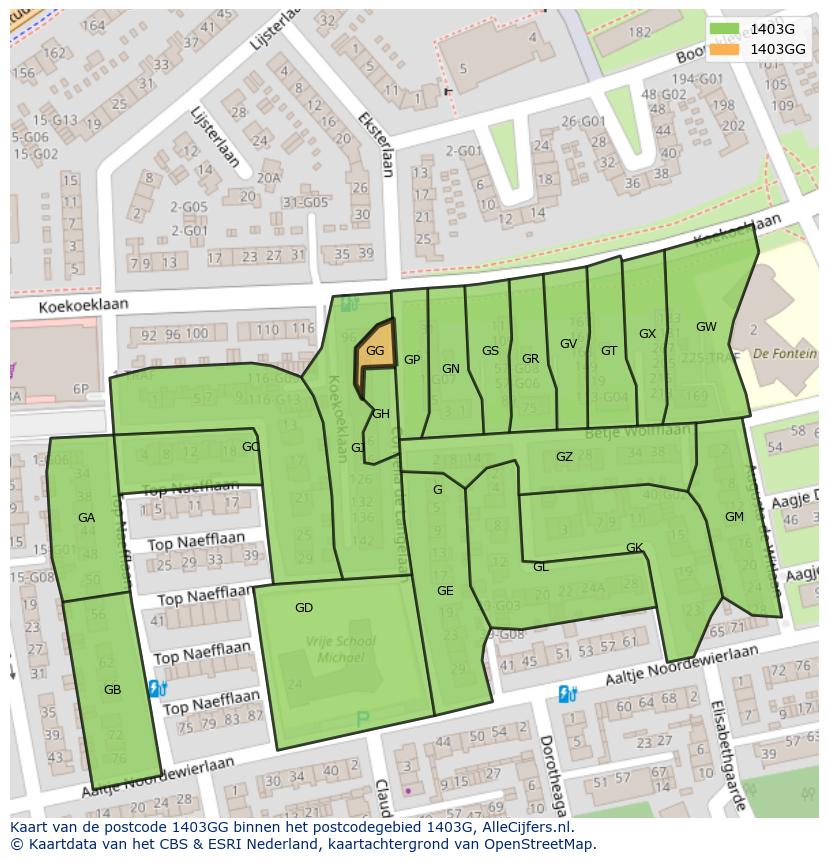 Afbeelding van het postcodegebied 1403 GG op de kaart.