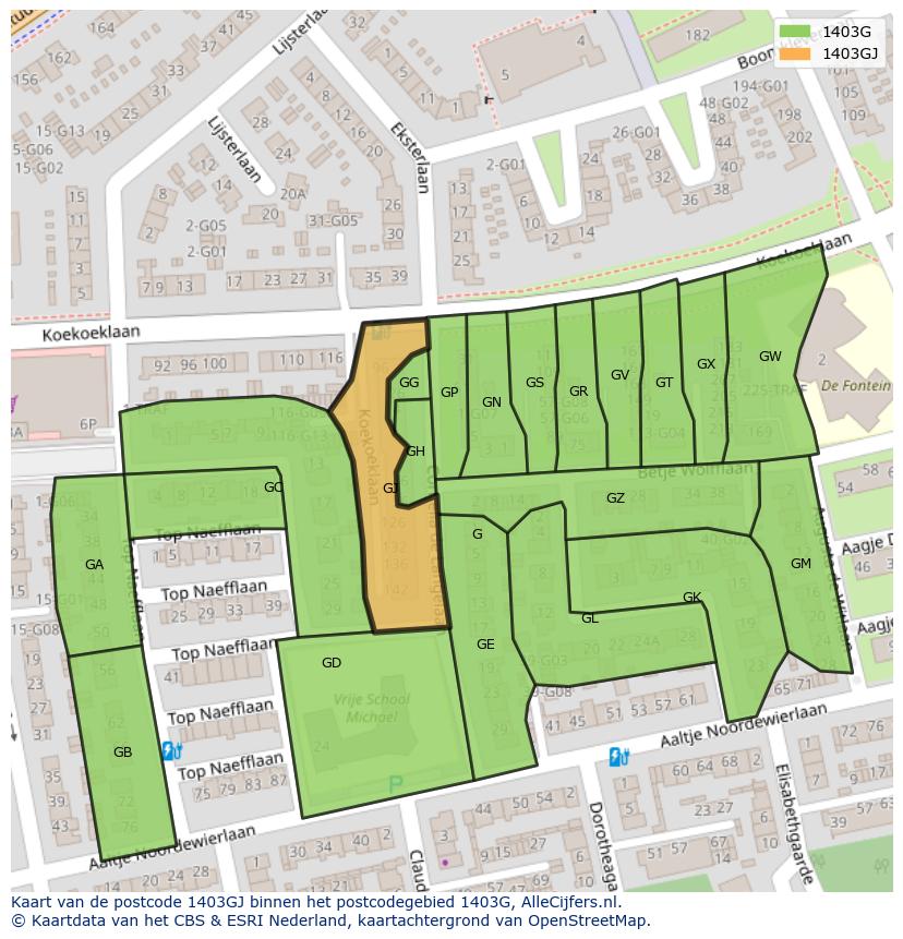 Afbeelding van het postcodegebied 1403 GJ op de kaart.