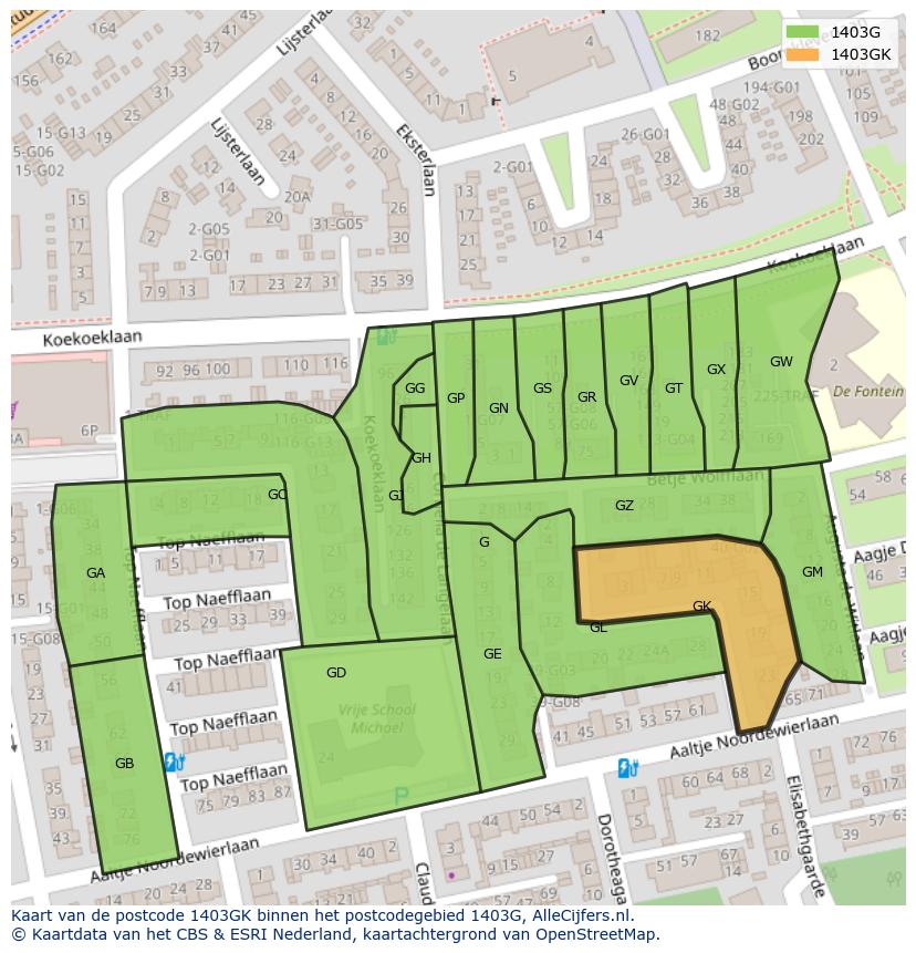 Afbeelding van het postcodegebied 1403 GK op de kaart.